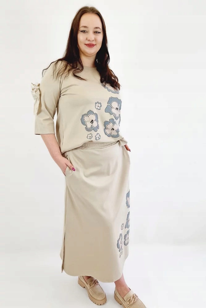Elegantní komplet Halenka a Sukně s květy Béžová Uni