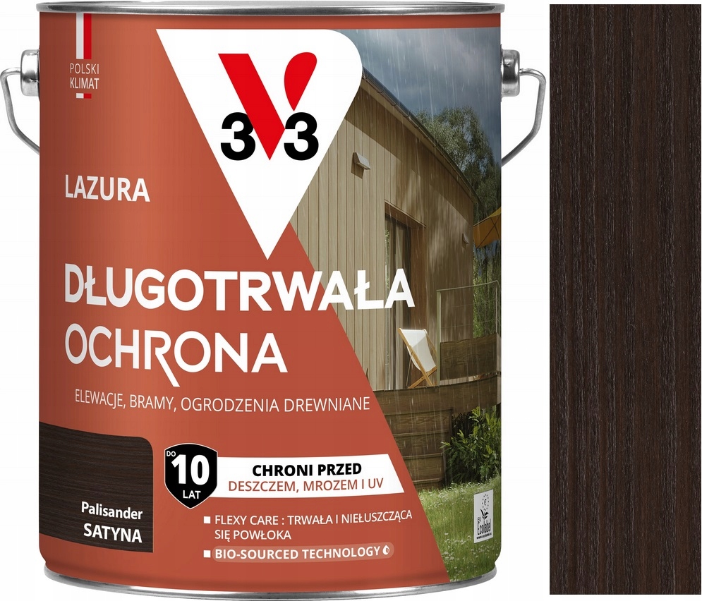 V33 Lazura 10 Lat Długotrwała Ochrona Drewna Podbitki Płoty Palisander 4.5L