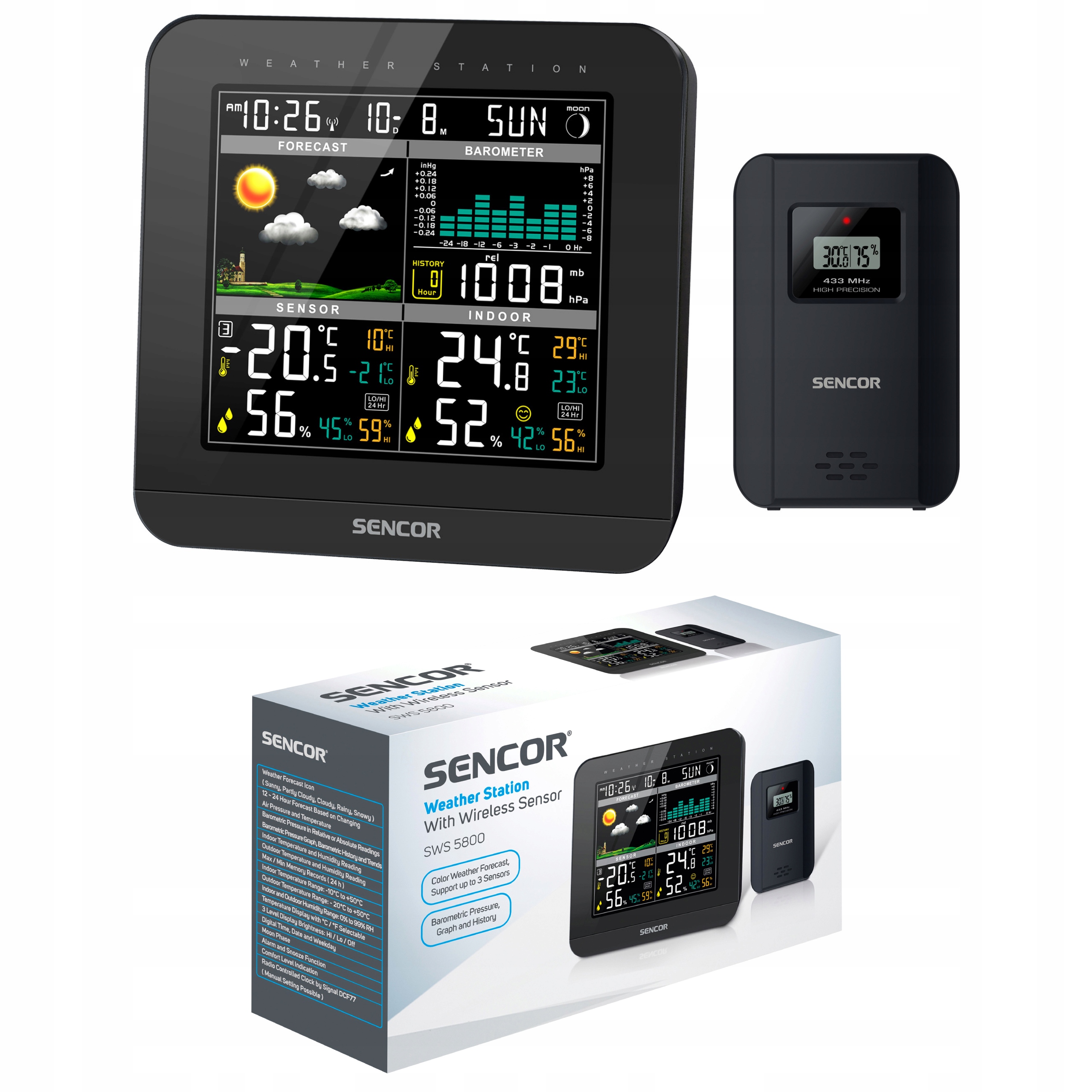 Stacja Pogody Pogodowa z Czujnikiem Bezprzewodowym Sencor Sws 5800