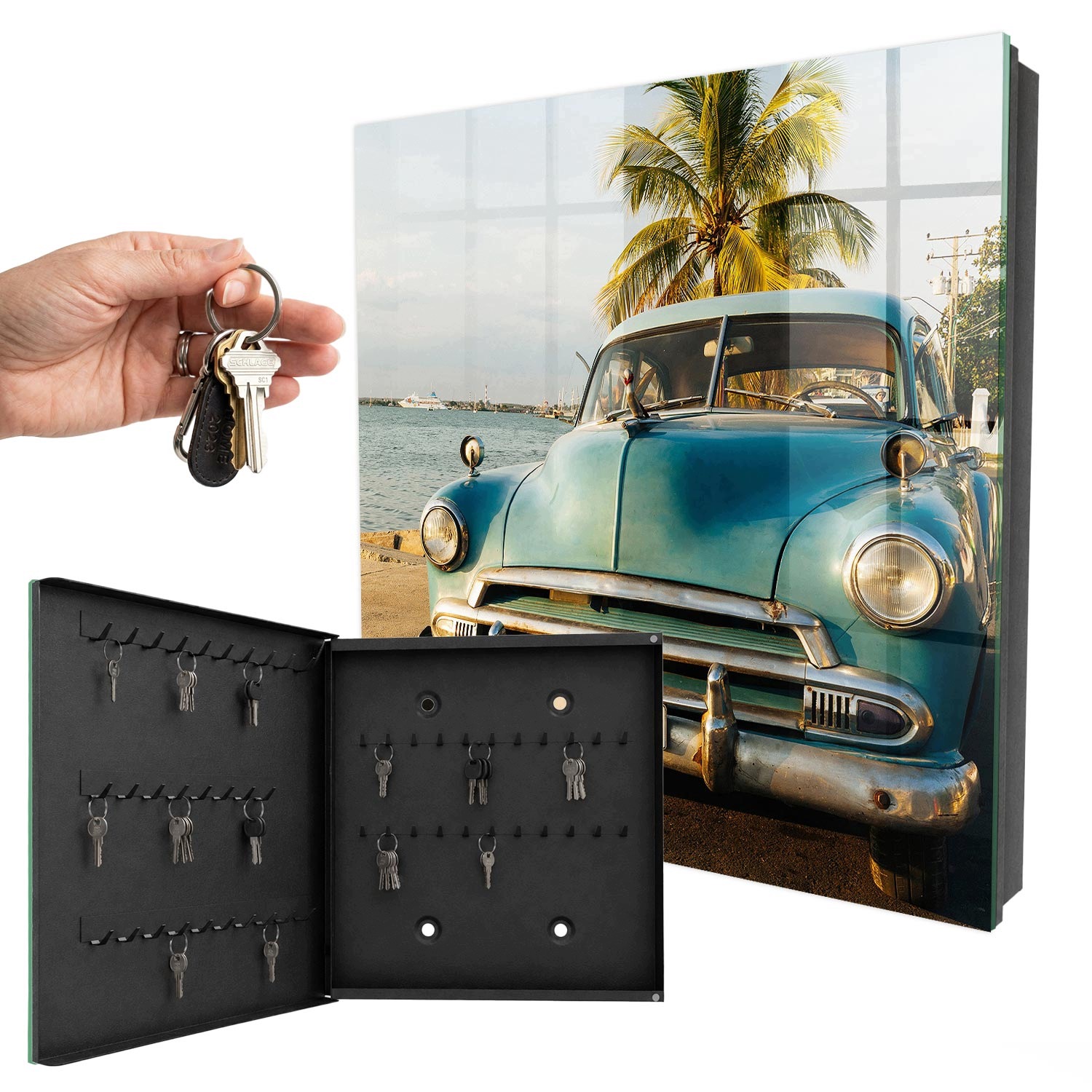 Dekorativní skříňka na klíče na zeď Retro Auto Černá levá 30x30 cm