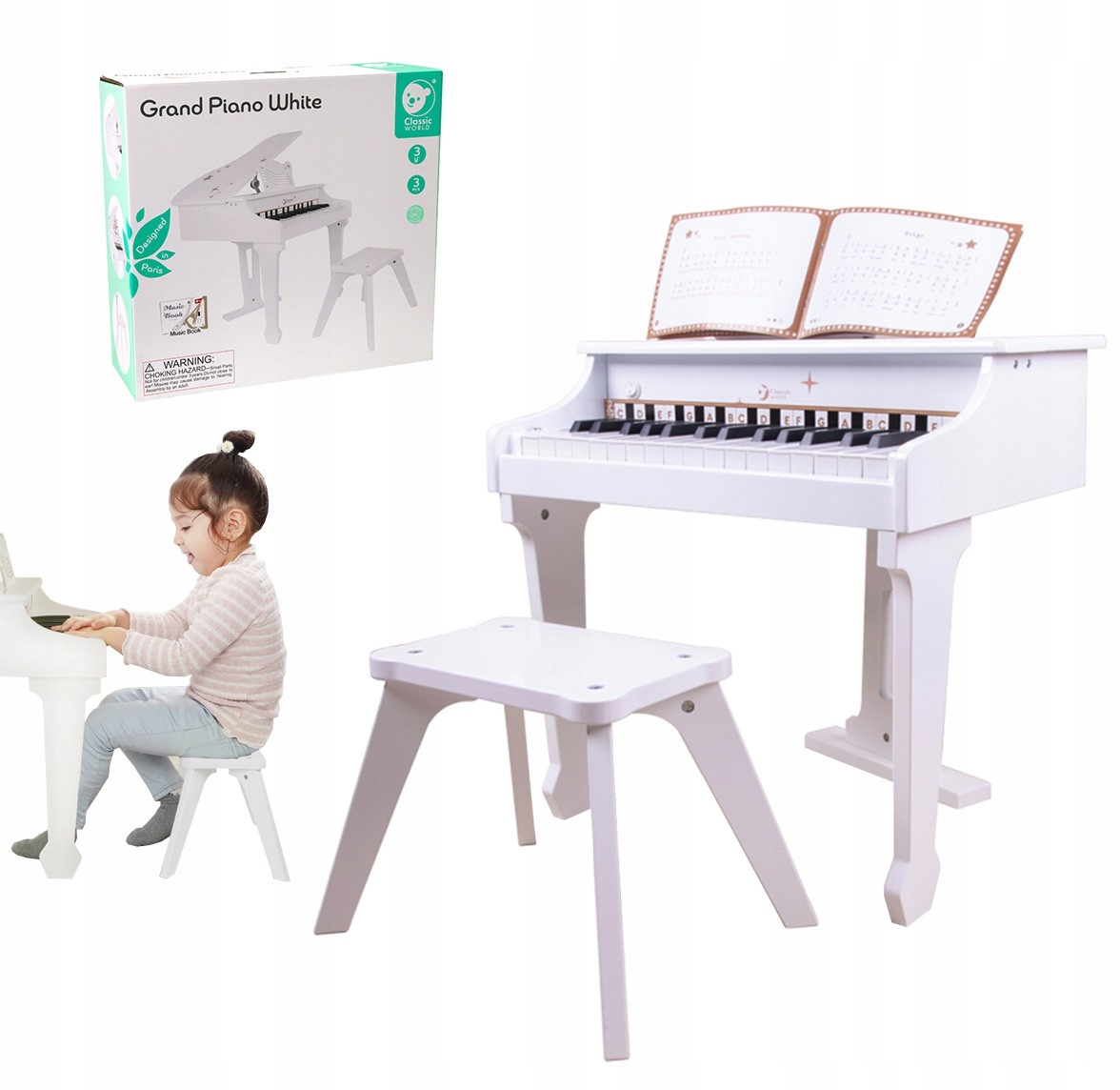 DUŻE PIANINO FORTEPIAN KSIĄŻECZKA I KRZESEŁKO PIANINKO BABY CLASSIC WORLD