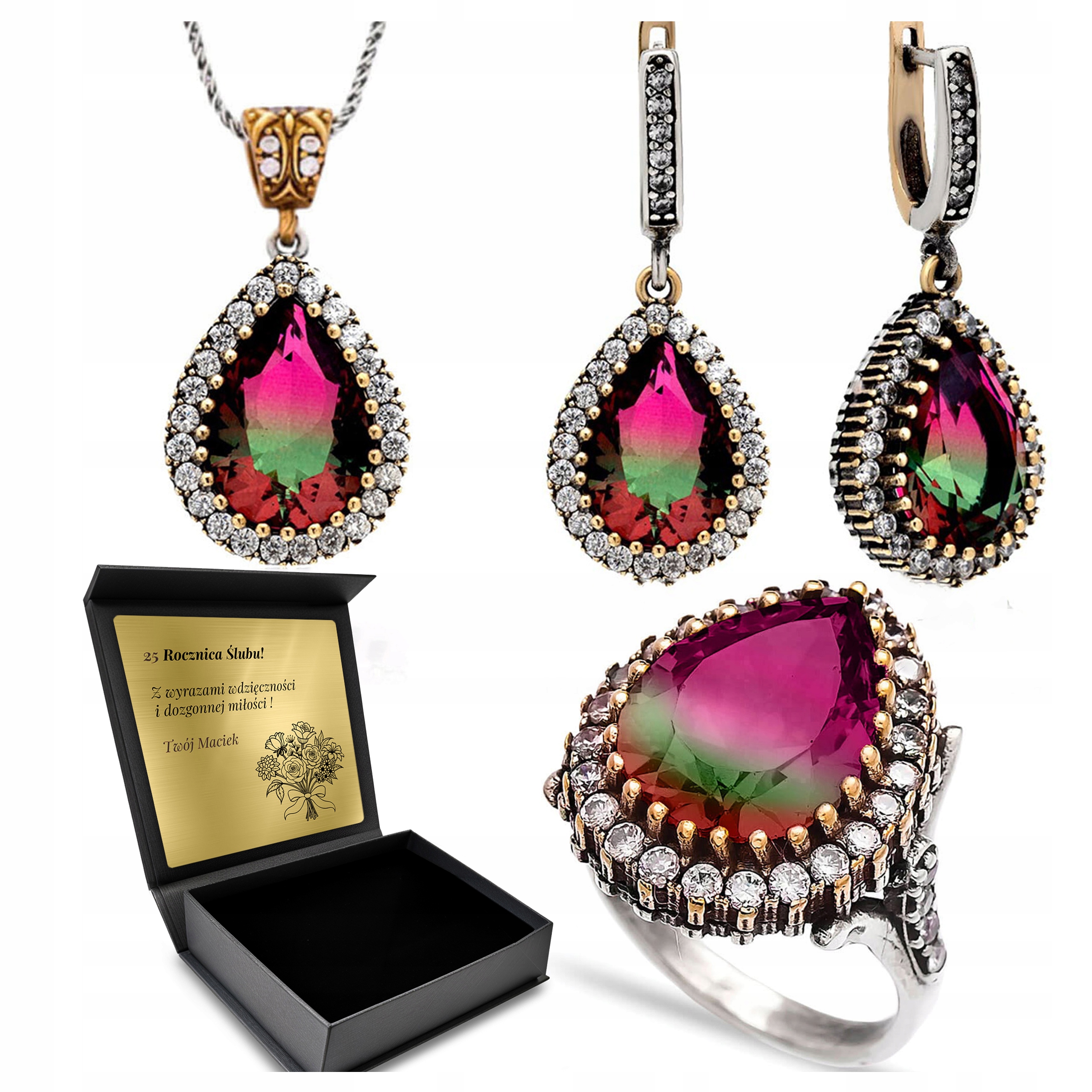 Sada Stříbrných Šperků 925 Zirkony Turmalín Sada Pro Ženu Gravírování