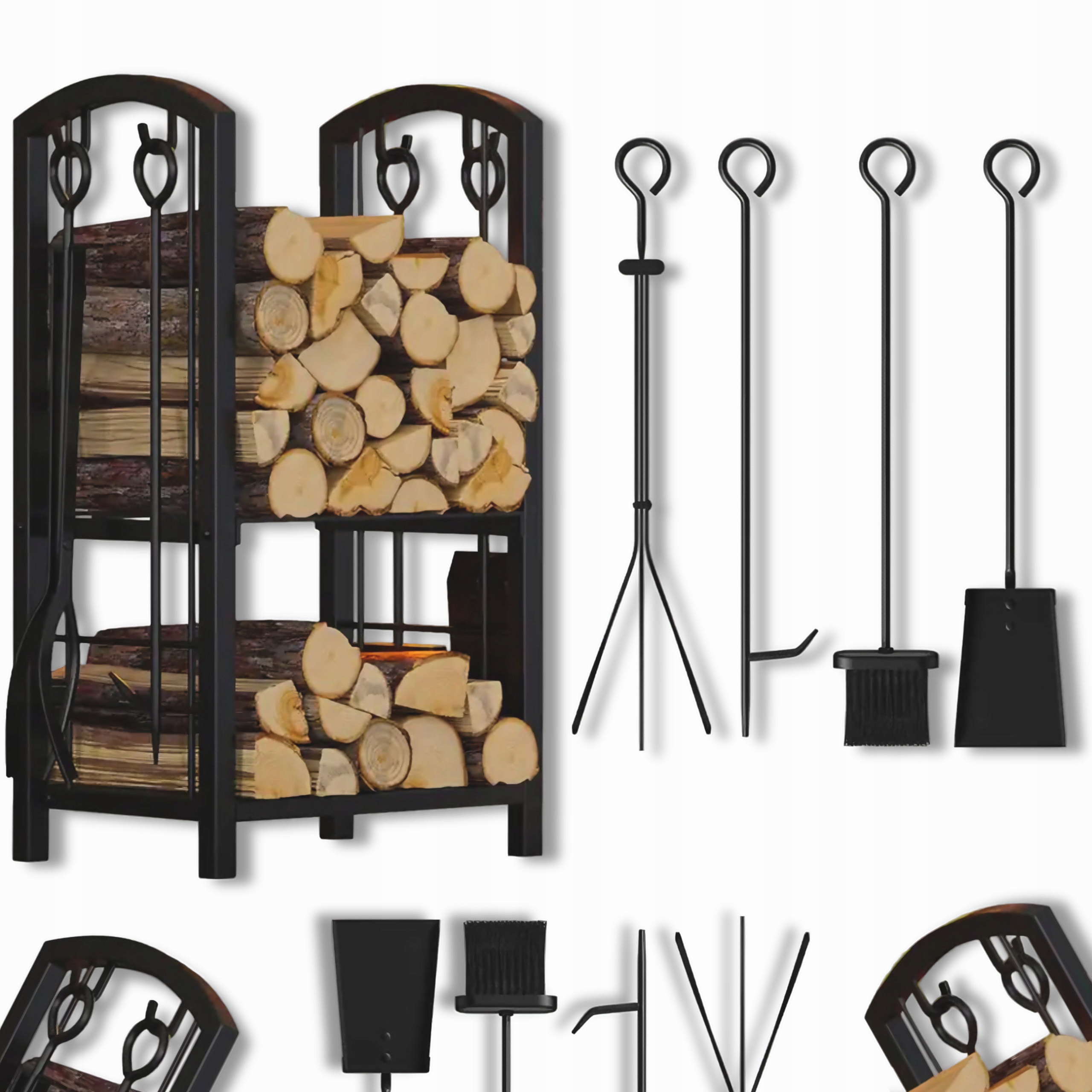 Koš Na Palivové Krbové Dřevo Stojan Kovový Příslušenství Sada 5V1