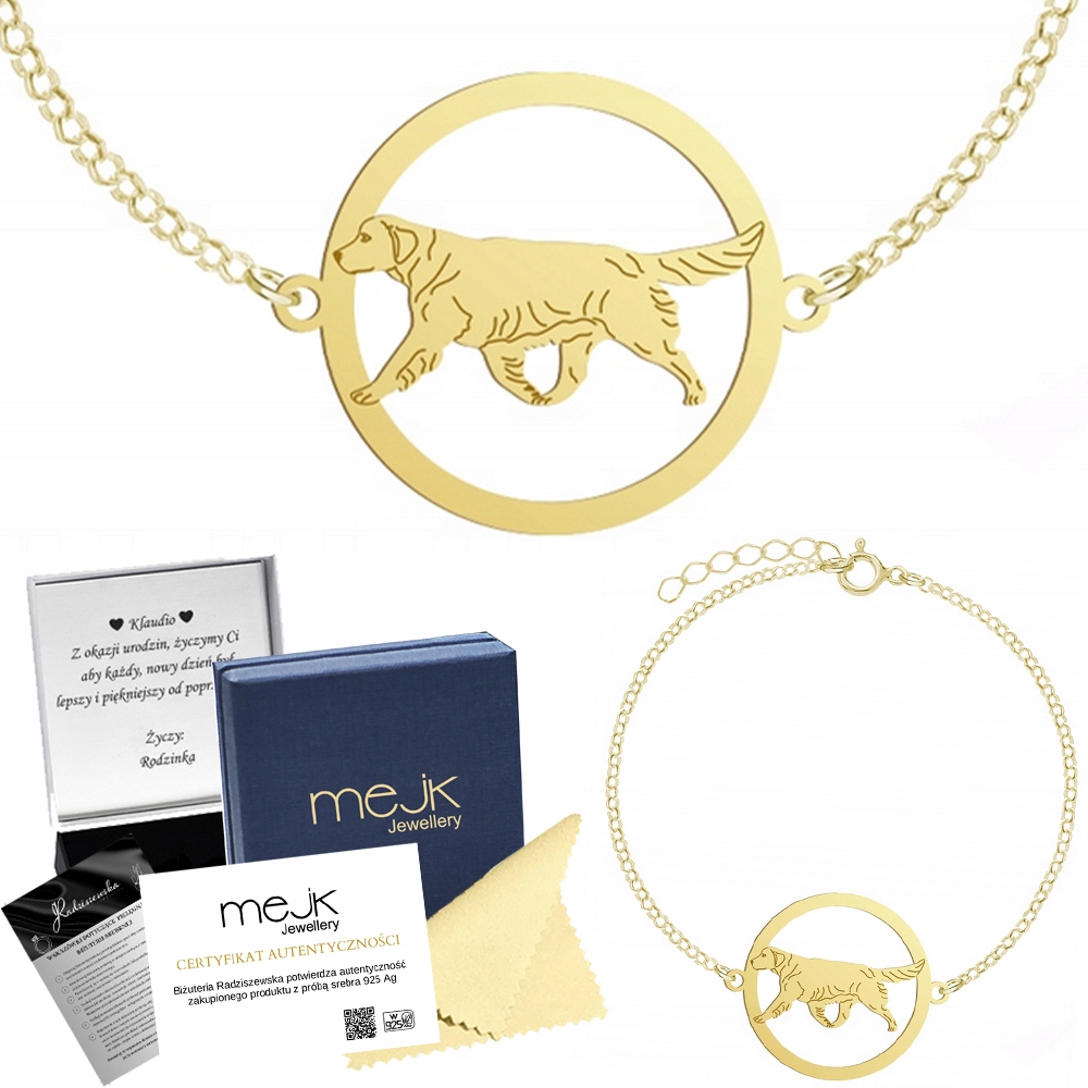 Zlatý náramek se psem Zlatý retrívr 925 Řetízek Gravírování Bonus