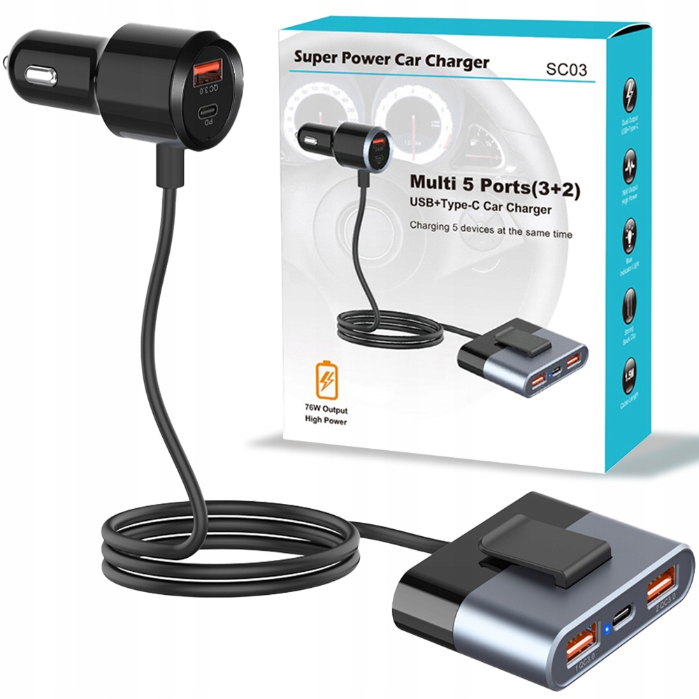 

Szybka Ładowarka Rozdzielacz Usb Do Auta 74W Qc Pd