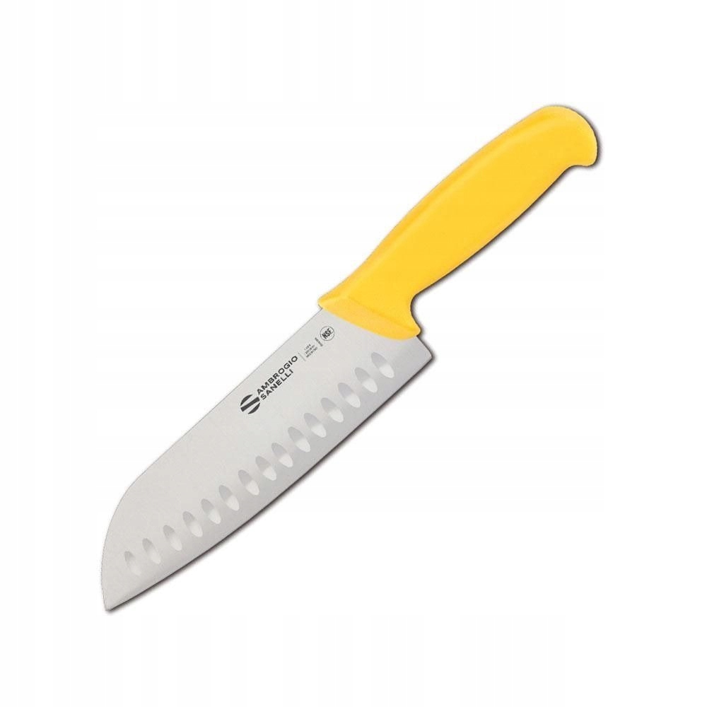 Nůž Santoku Ambrogio Sanelli Supra, grantonová čepel, 18 cm, žlutý