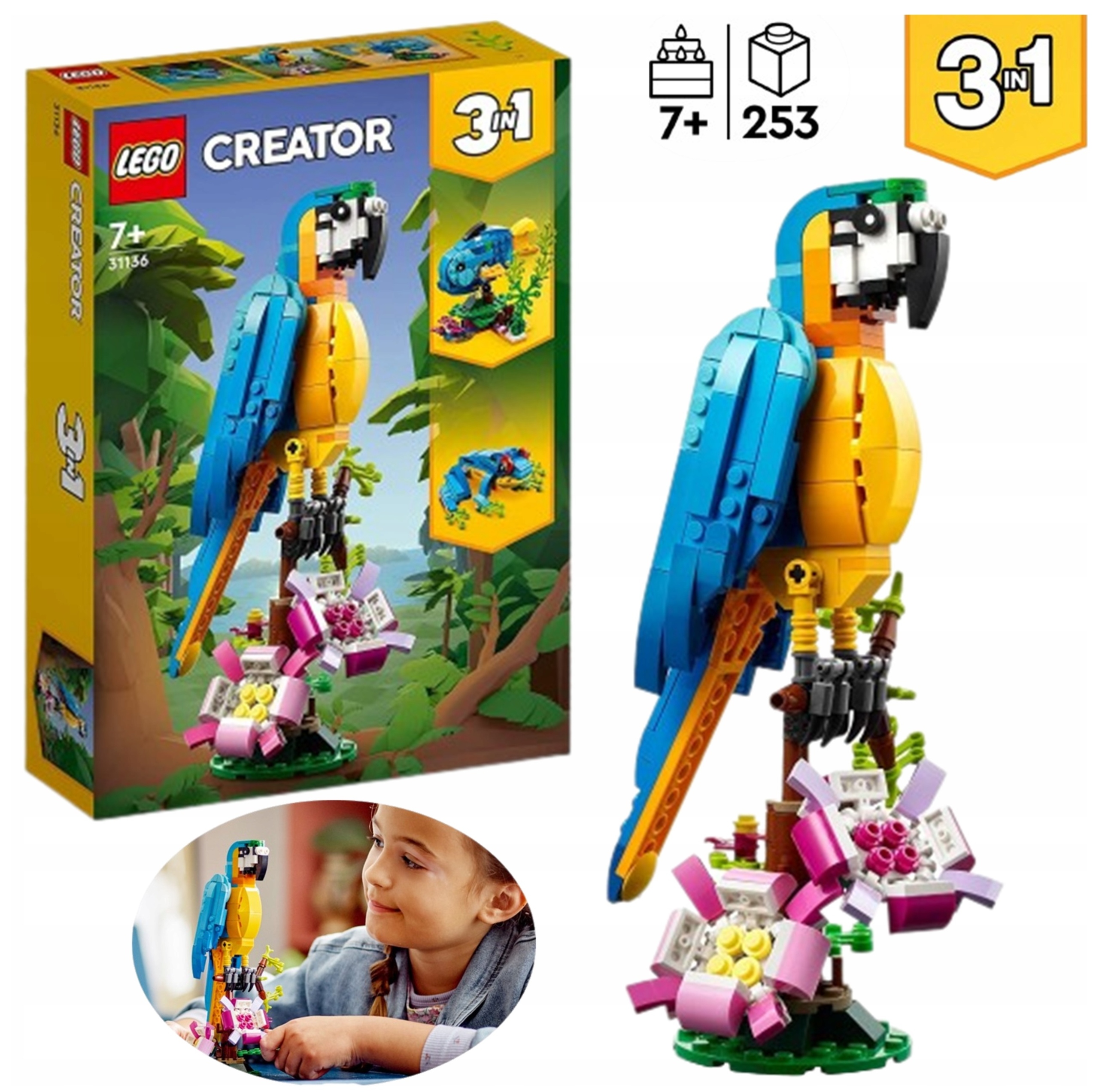 stavebnice Lego exotický papoušek pták květina žába mořská ryba 3v1 hračka