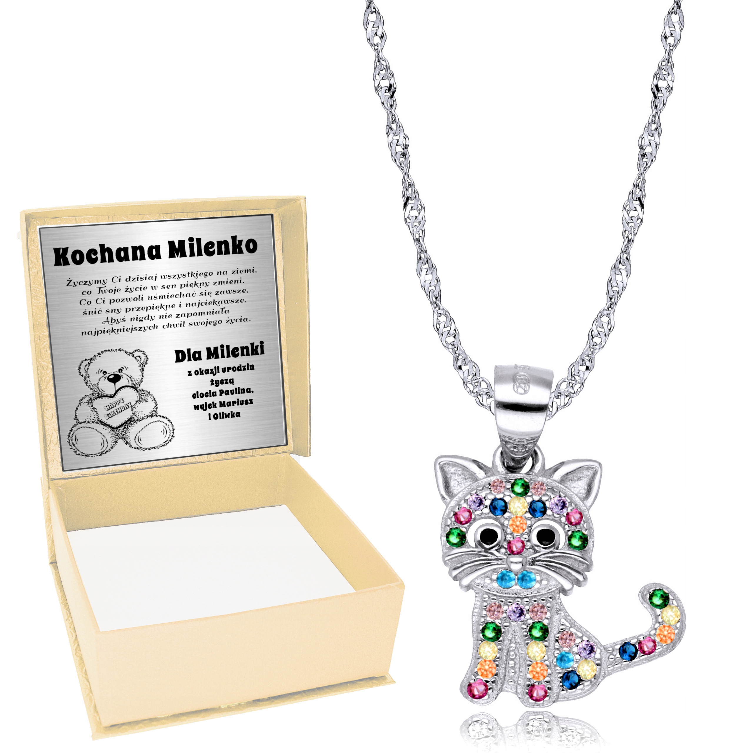 

Srebrny Łańcuszek 925 Wisiorek Kotek Grawer