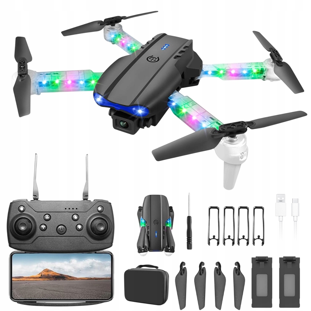 Dron Mini E99D 2 Kamery Hd Wifi Skládací Kvadrokoptéra Se Světlem +2 Baterie