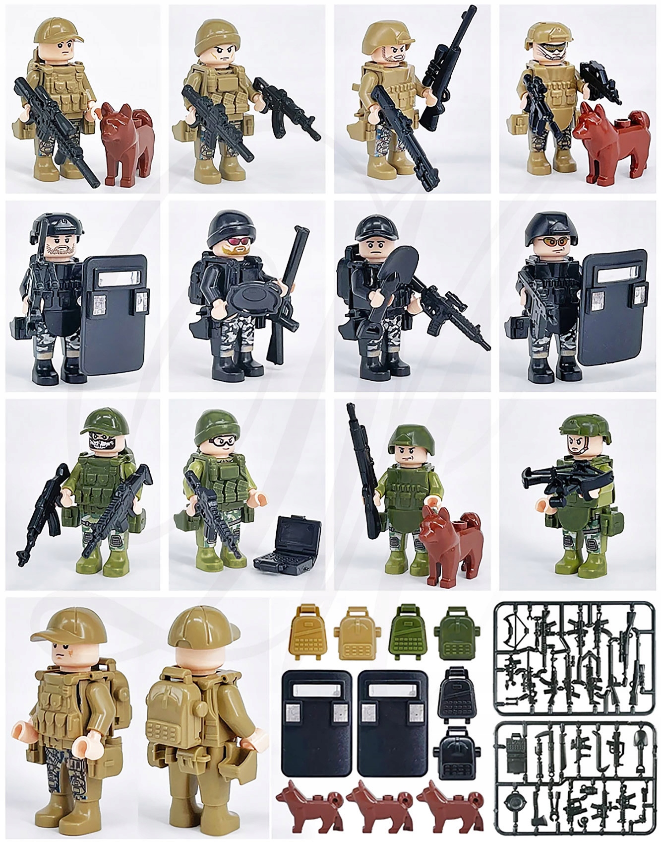 FIGURKI 8057 +BRONIE +TARCZE +PSY wojsko policja klocki ludziki broń pies Marka LEGO