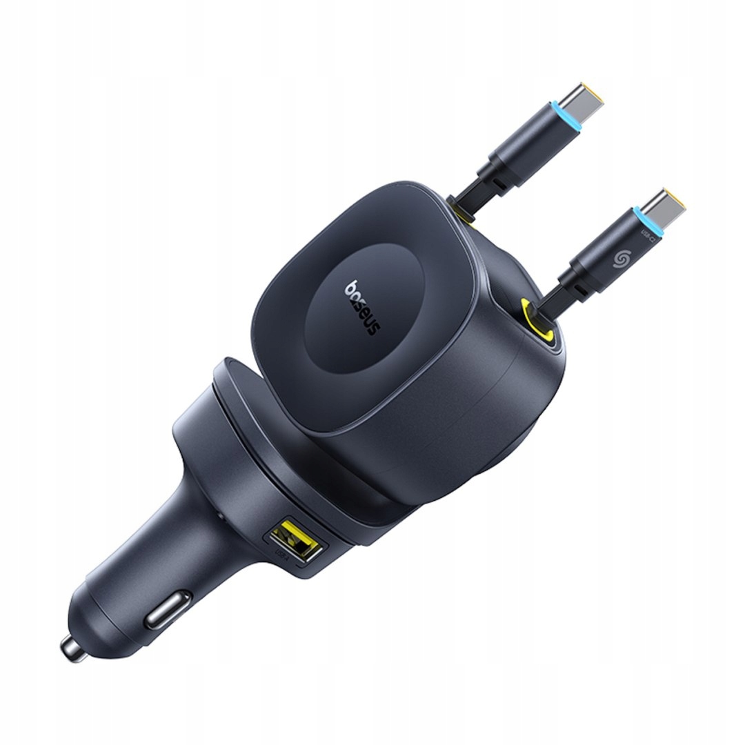 Ładowarka samochodowa Usb-c Usb-a ze zwijanymi kablami Usb-c 60W czarna