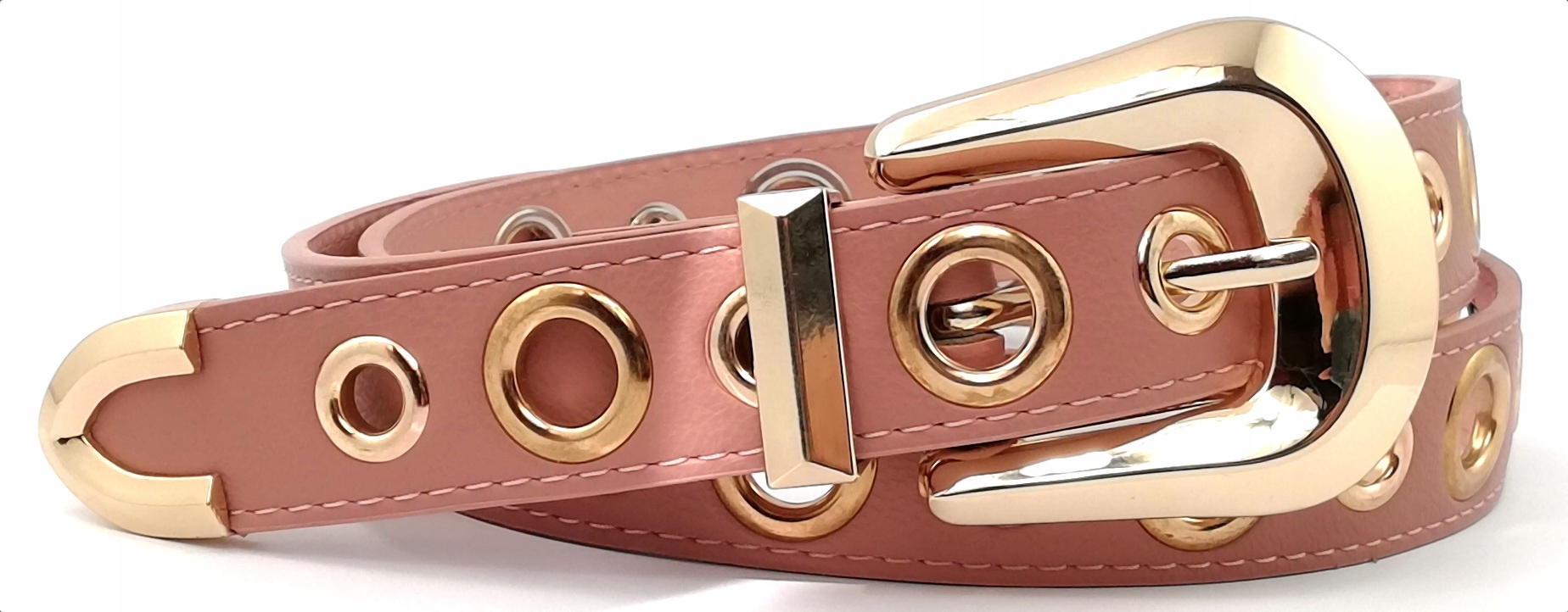 

Pas Pasek Damski Skórzany Różowy Klamra Złota