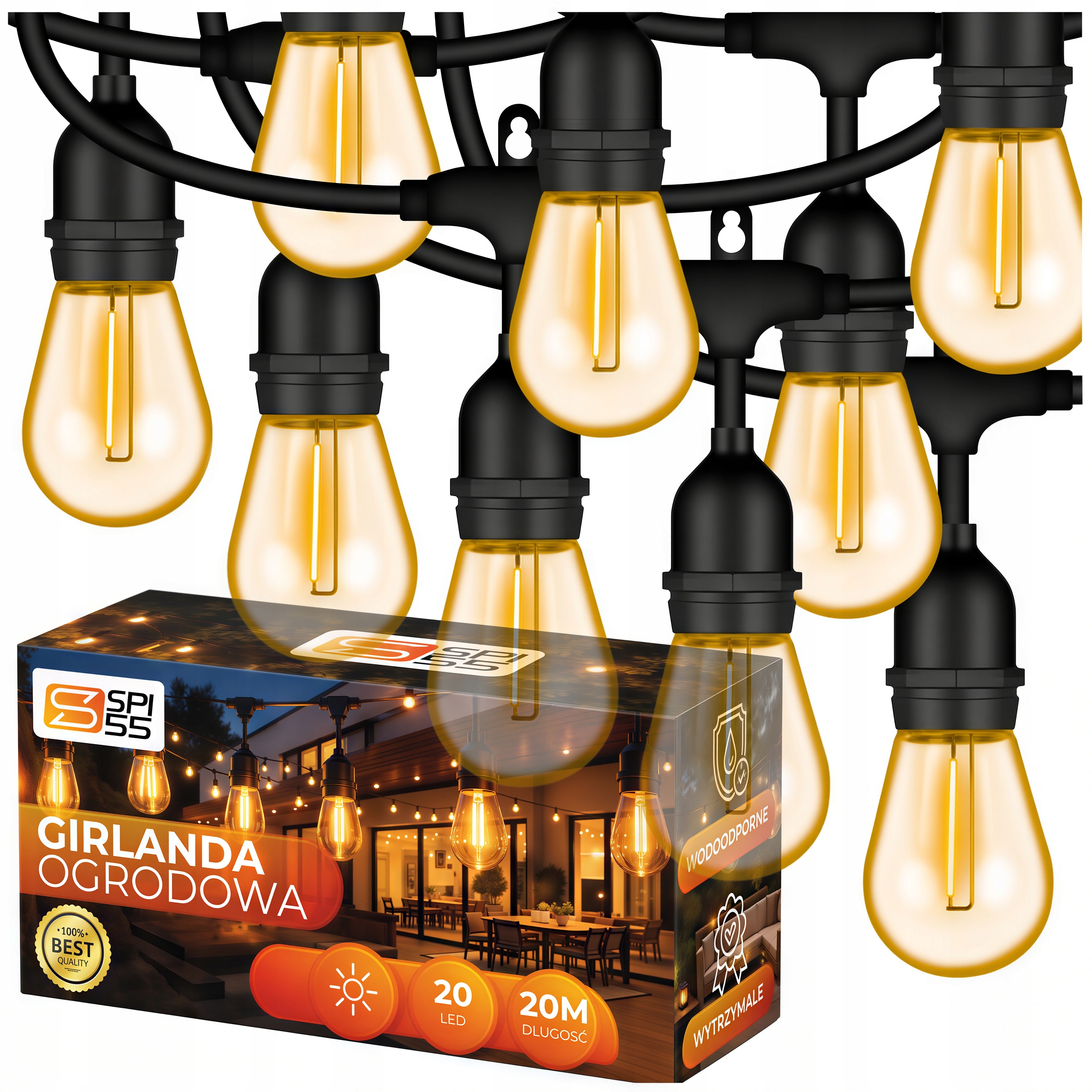 Lauko šviečianti girlianda 20M 20X LED lemputė E27 Vandeniui atsparios LEMPUTĖS STOROS