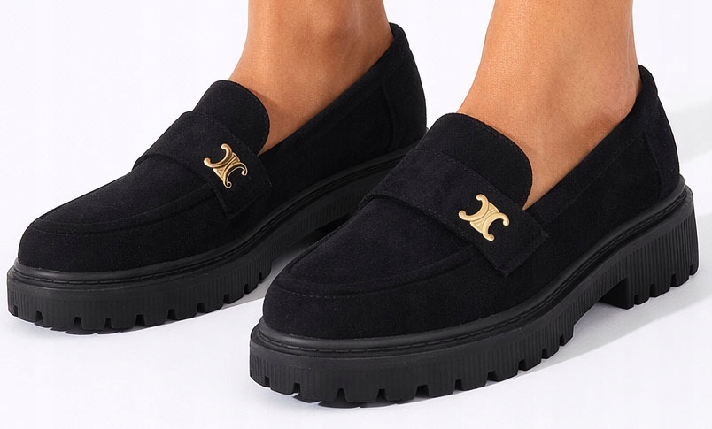 Damskie Czarne Półbuty Słupku Zamszowe Mokasyny 39