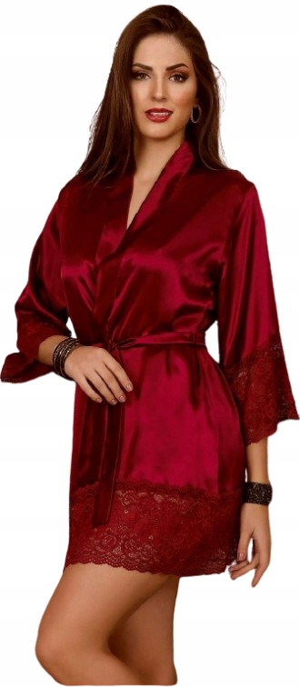 Elegantní Vínový Saténový Župan S Krajkou, Tenký Saténový Župan XL