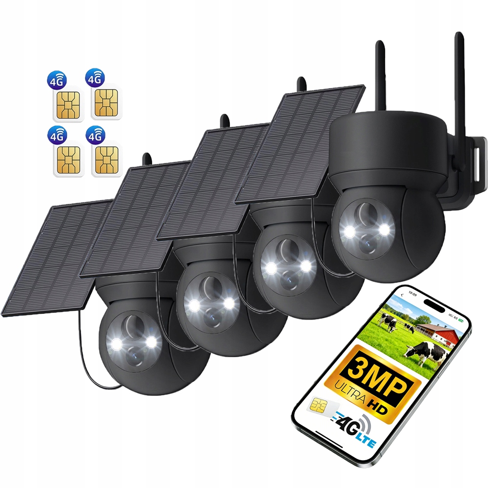 4 kusy 3MPX Venkovní Solární Ip Kamera Na Sim Kartu 4G Lte Otočná Ptz