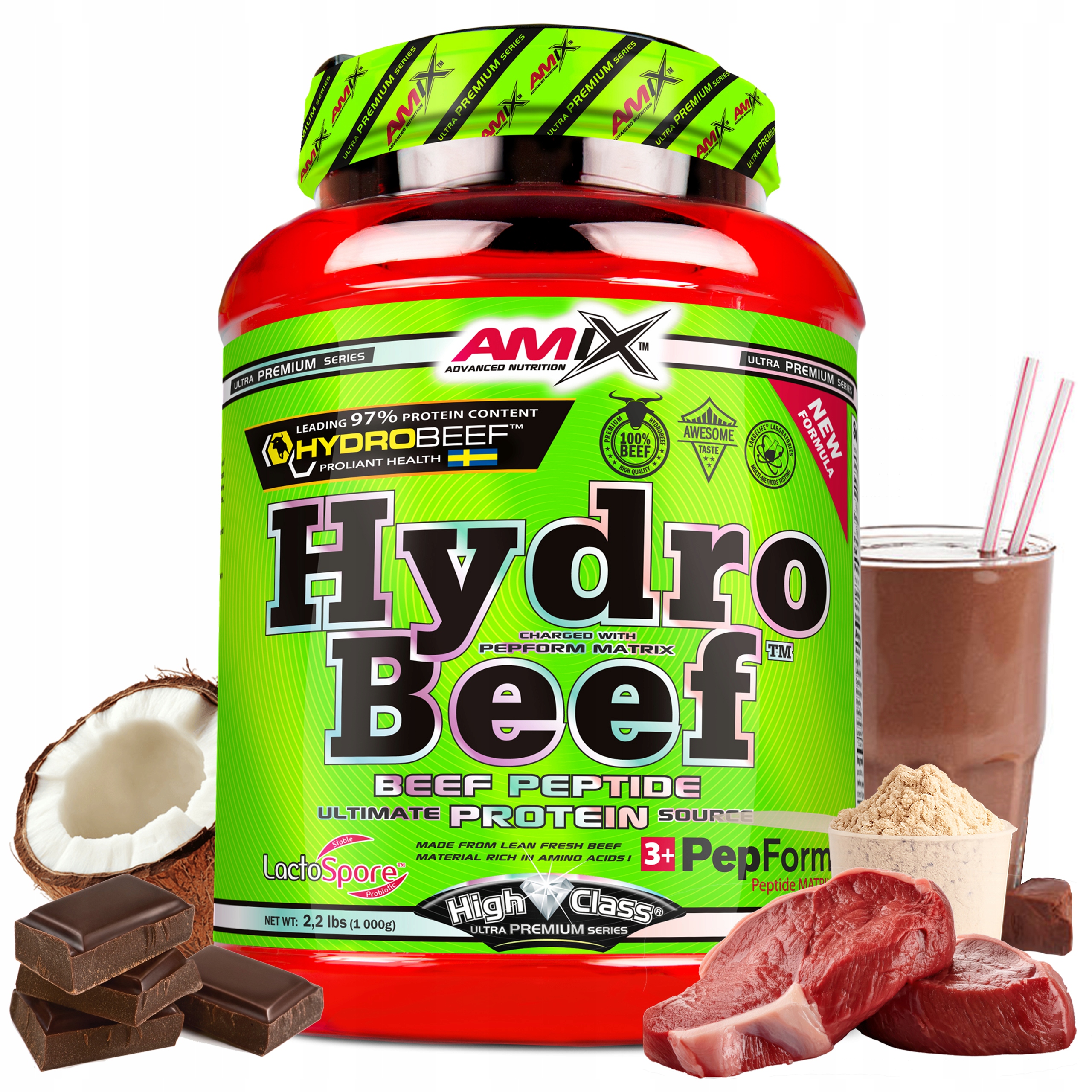 Glycinový Protein Hydro Beef 1kg Amix Protein Čokoláda Kokos
