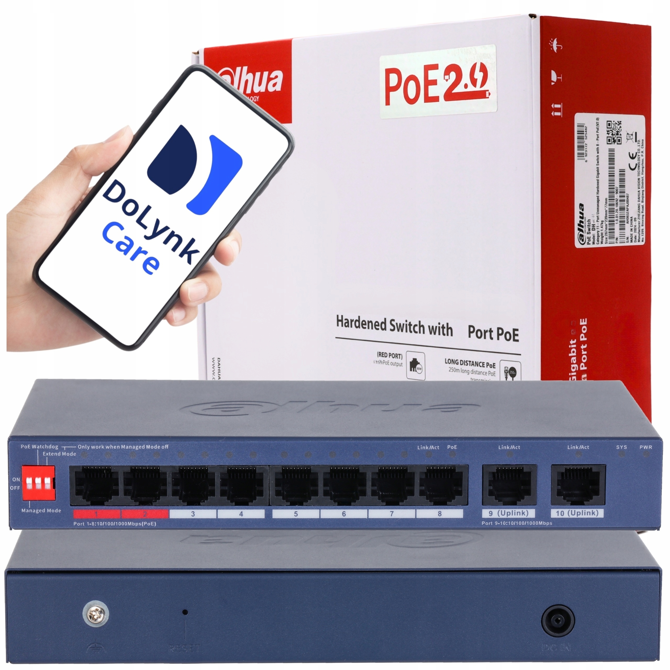 Switch Dahua CS4010-8GT-110 gigabitový 8x PoE 2x Uplink 110W Watchdog Vlan