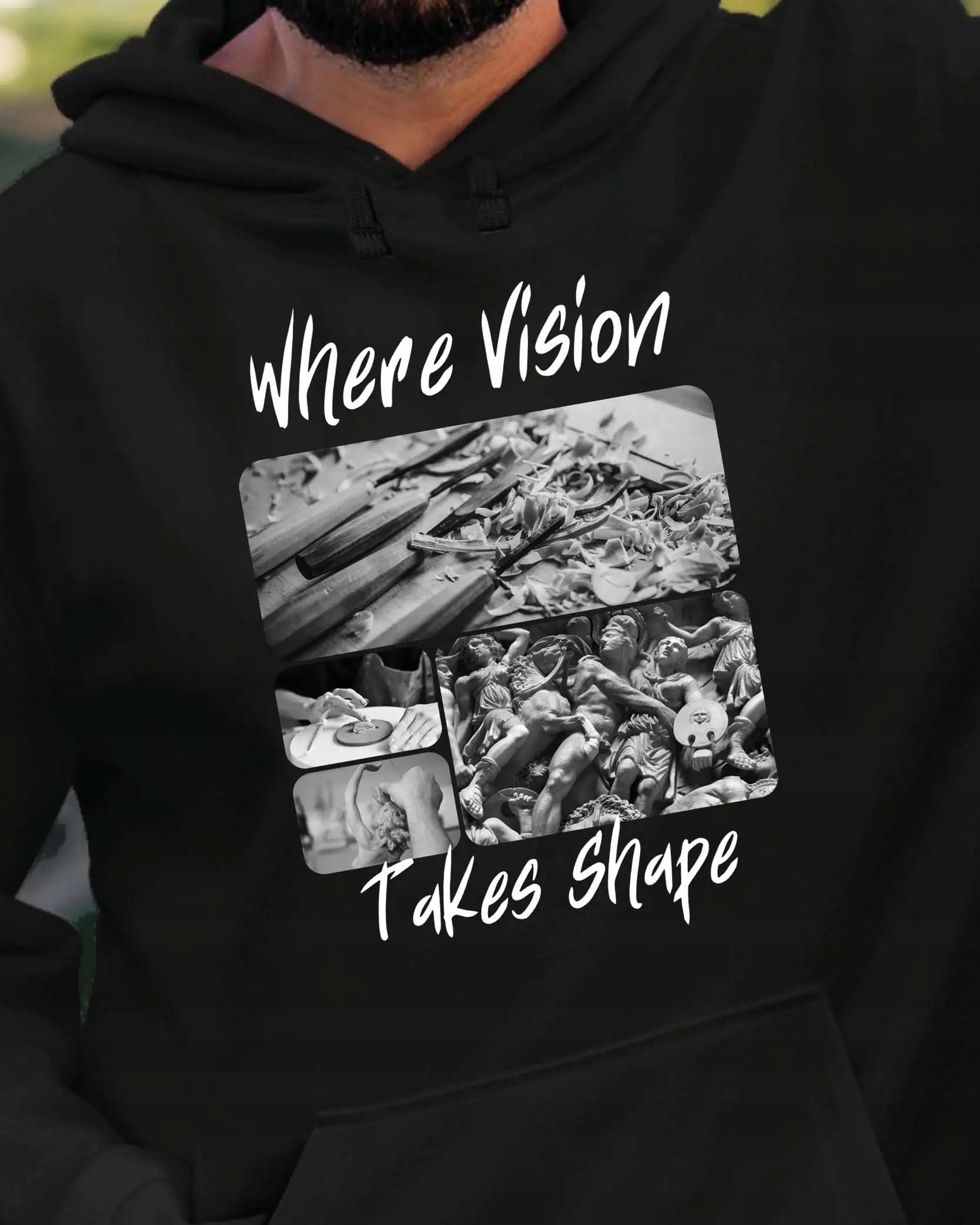 Mikina s kapucí Dárek pro sochaře Umělecká koláž Černá L