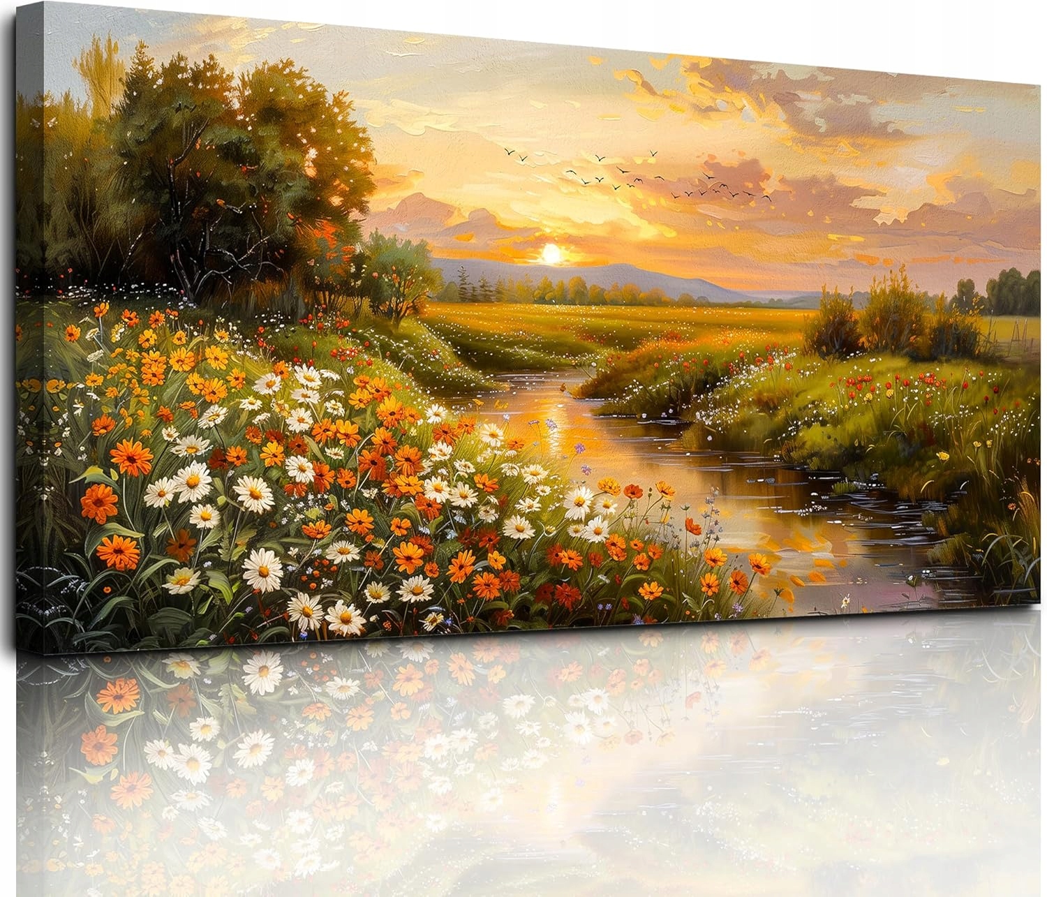 Obraz Na Plátně 50×100 cm „Květiny nad řekou“ západ slunce Květinová krajina