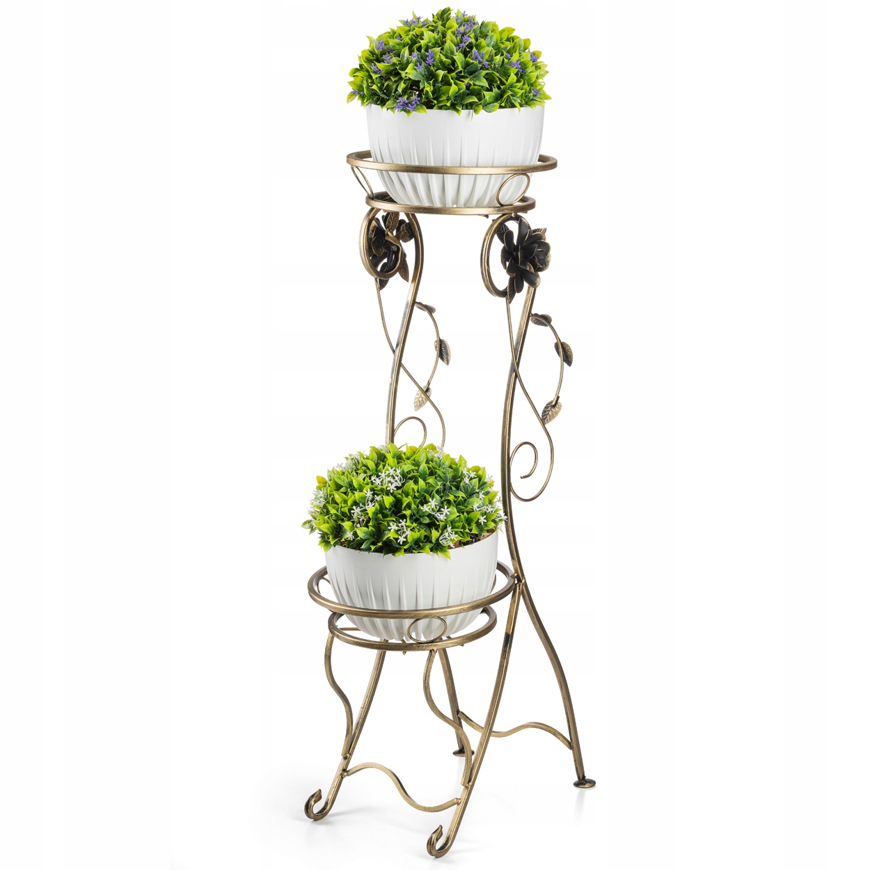 Kwietnik metalowy na dwie donice Quincy 90,5 cm złoty dwa poziomy kwiaty