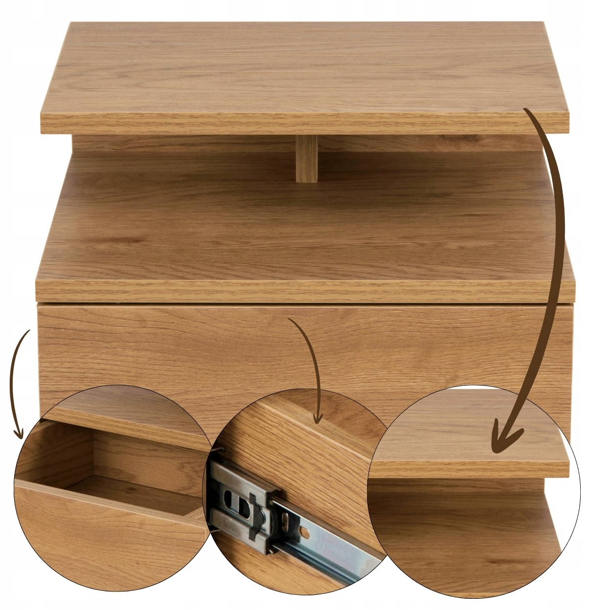 Nočná Skrinka Závesný Nástenný hnedý nočný stolík do spálne so zásuvkou loft