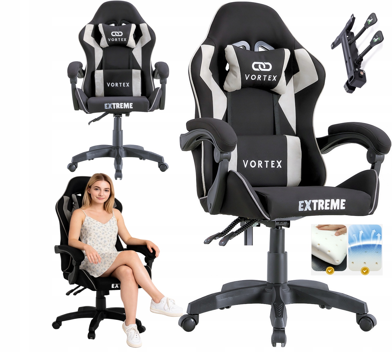 Fotel Gamingowy Materiałowy Etreme Vortex Czarny Szary Obrotowy Biurowy