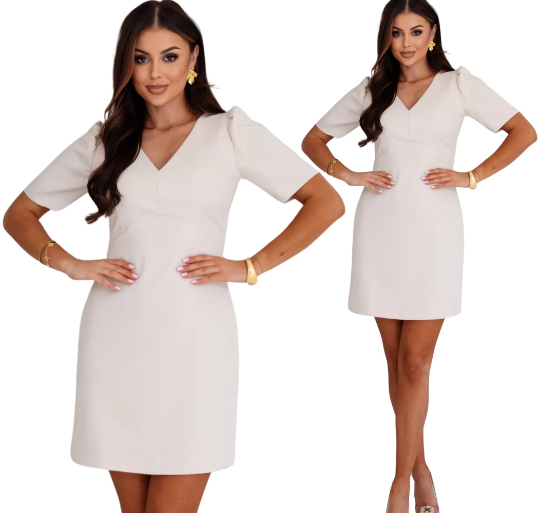 Sukienka Damska Klasyczna Krótki Rękaw Polski Produkt Beżowa XL