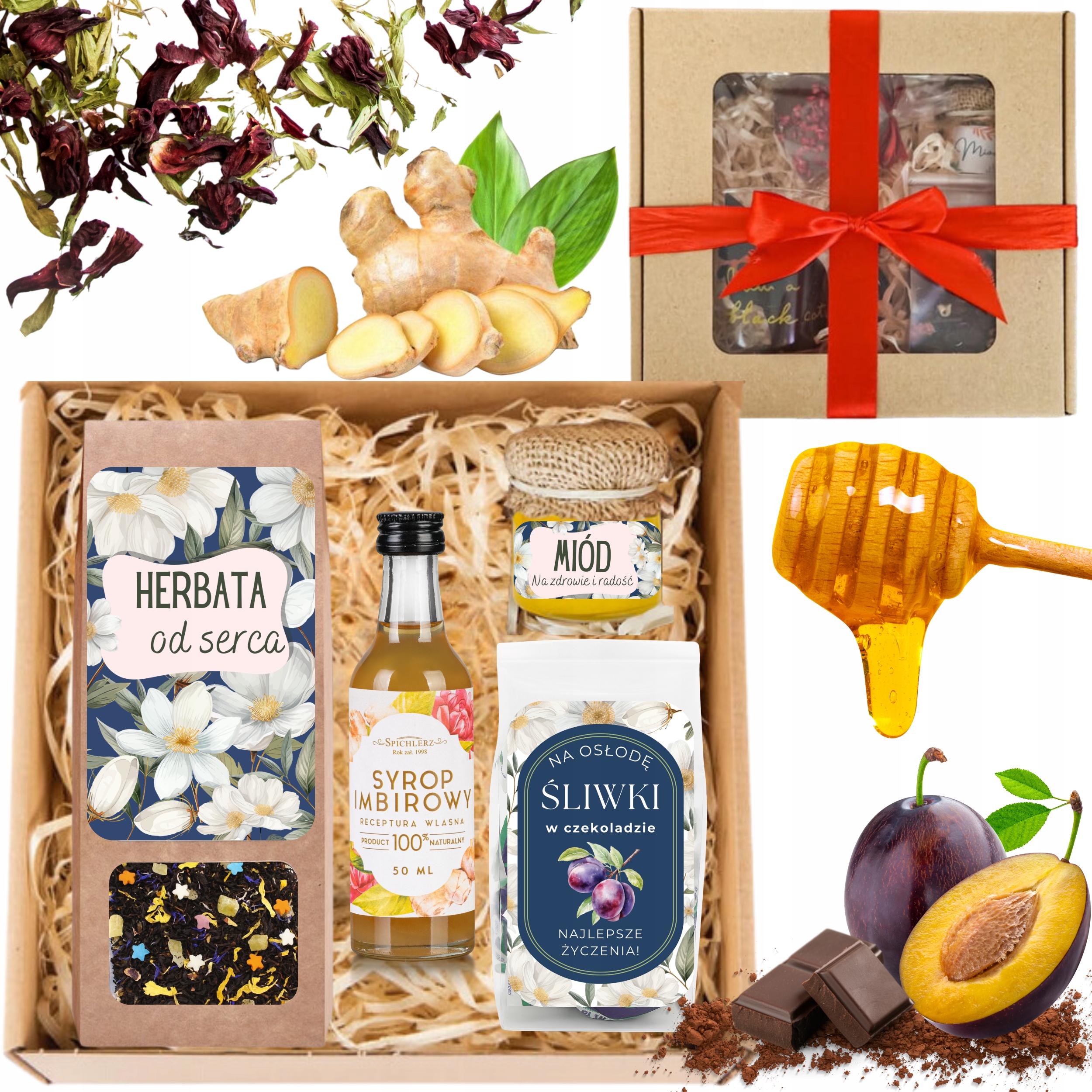 Dárkový koš na narozeniny Jmeniny Čaj Med Švestky v čokoládě