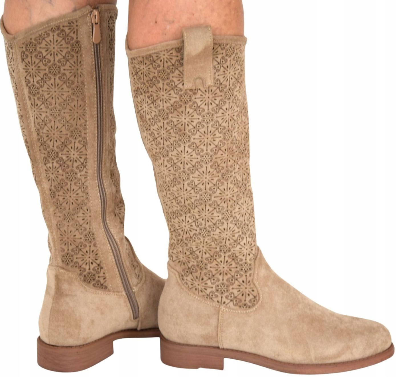 Dámské ažurové béžové kozačky S.Barski HY52-534 plochý podpatek elegantní R38