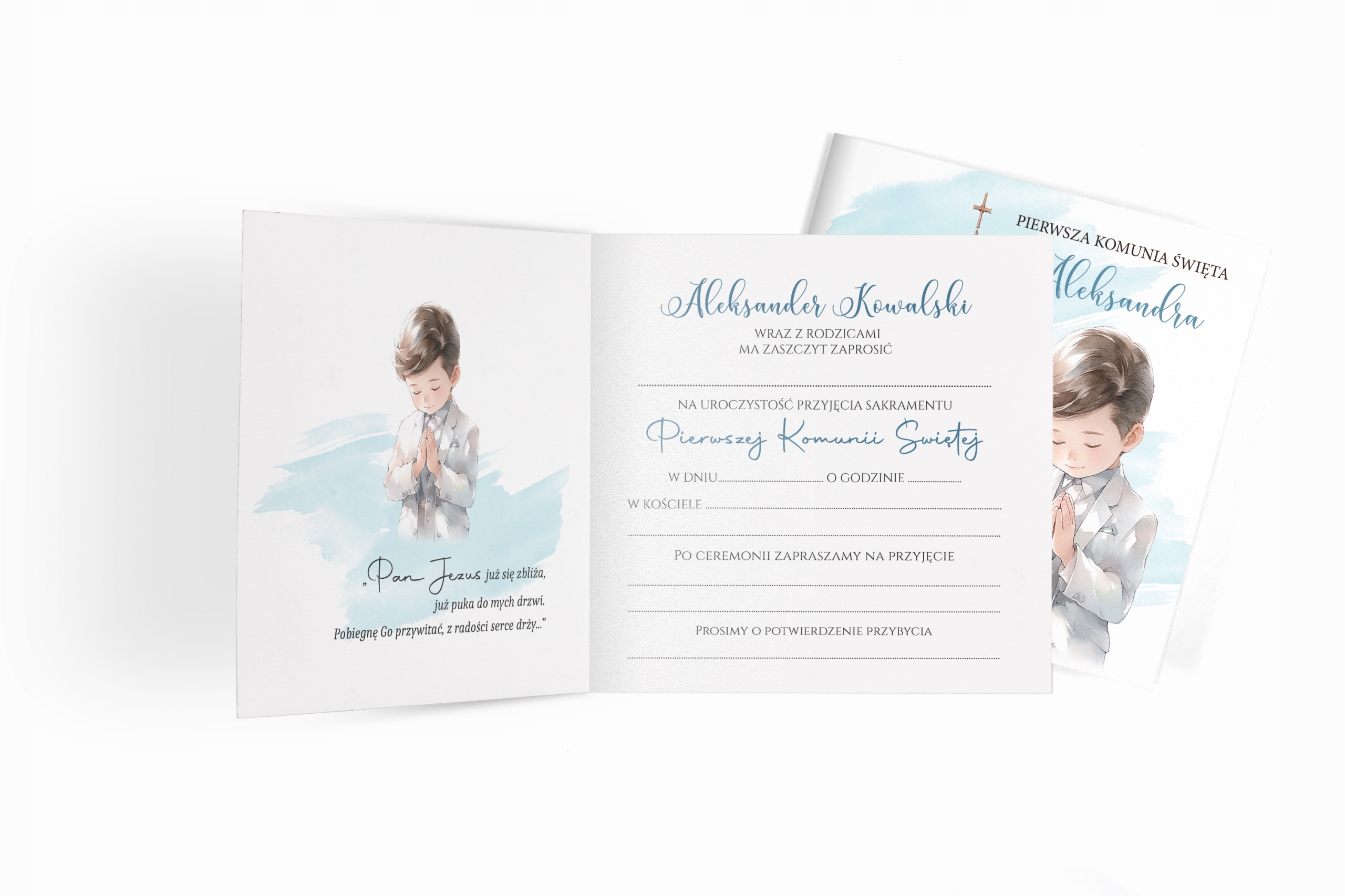 Zaproszenie na Komunię Świętą przyjęcie Koperta sznurek dla chłopca ZK14 Grubość papieru 300 g