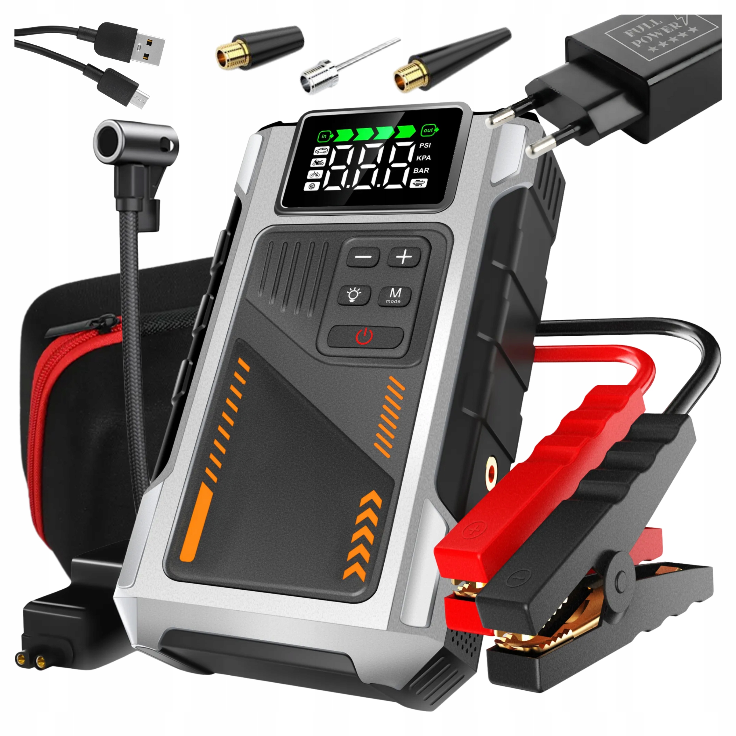 Urządzenie rozruchowe 12V powerbank z pompką 6000A z akcesoriami full power