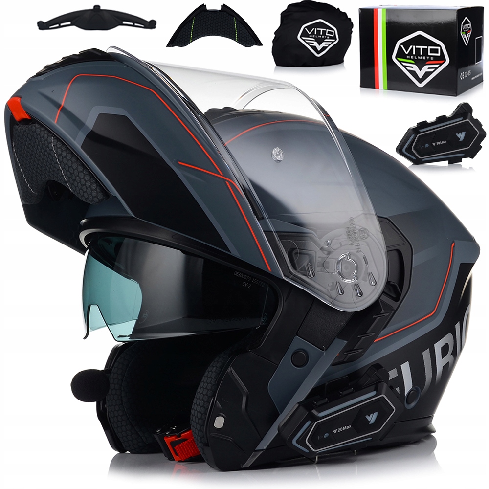 Motocyklová Prilba Vito Furio Šedá Fluo Čeľusťová Interkom Vito Bluetooth