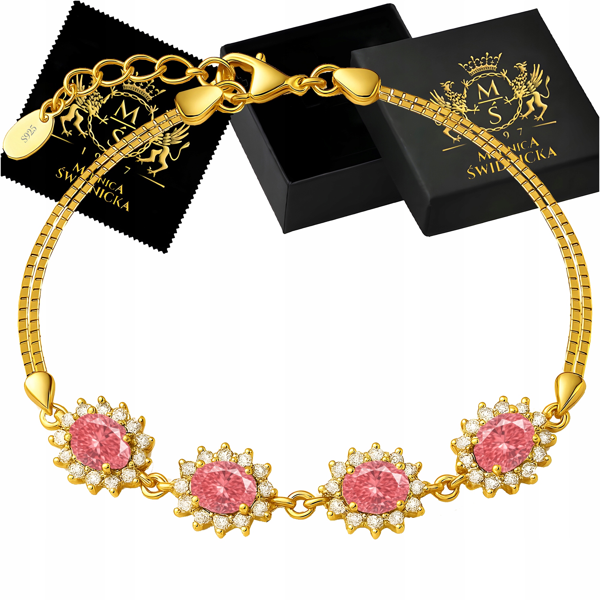Dámský zlatý náramek Stříbro 925 s růžovými kameny a Zirkony celebrit