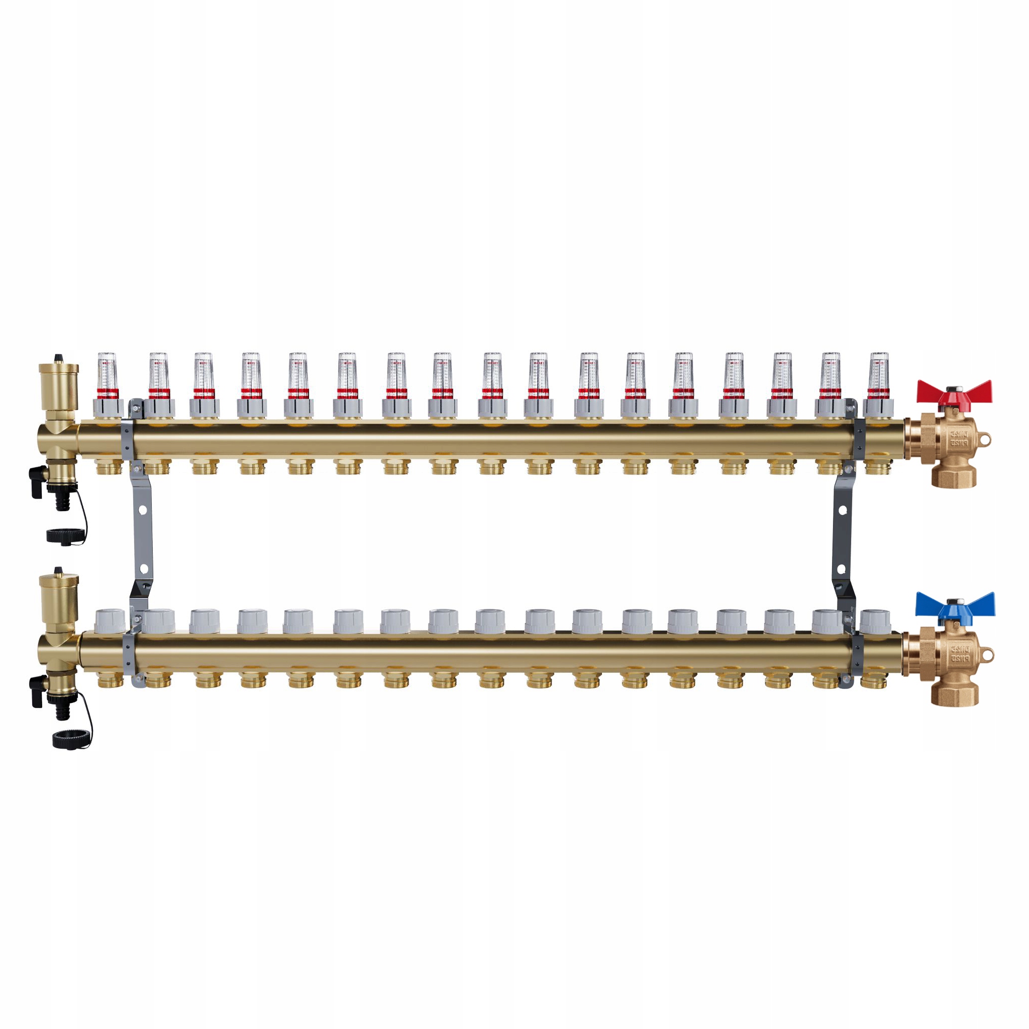 Rozdělovač pro podlahové vytápění – 17 okruhů Úhlové kulové ventily