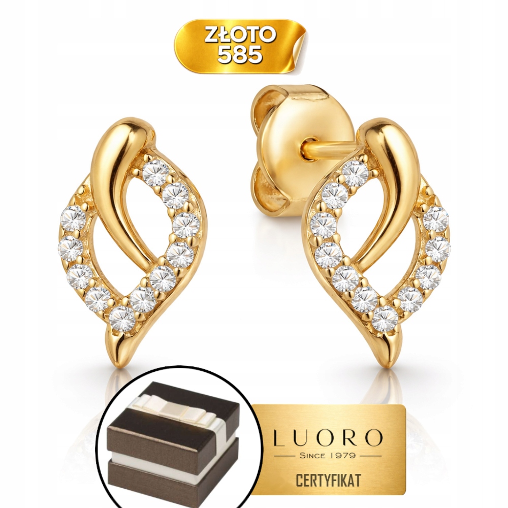 Náušnice Zlaté 585 14K Lístek Se Zirkonem Tyčinka 1 CM Elegantní Dárek