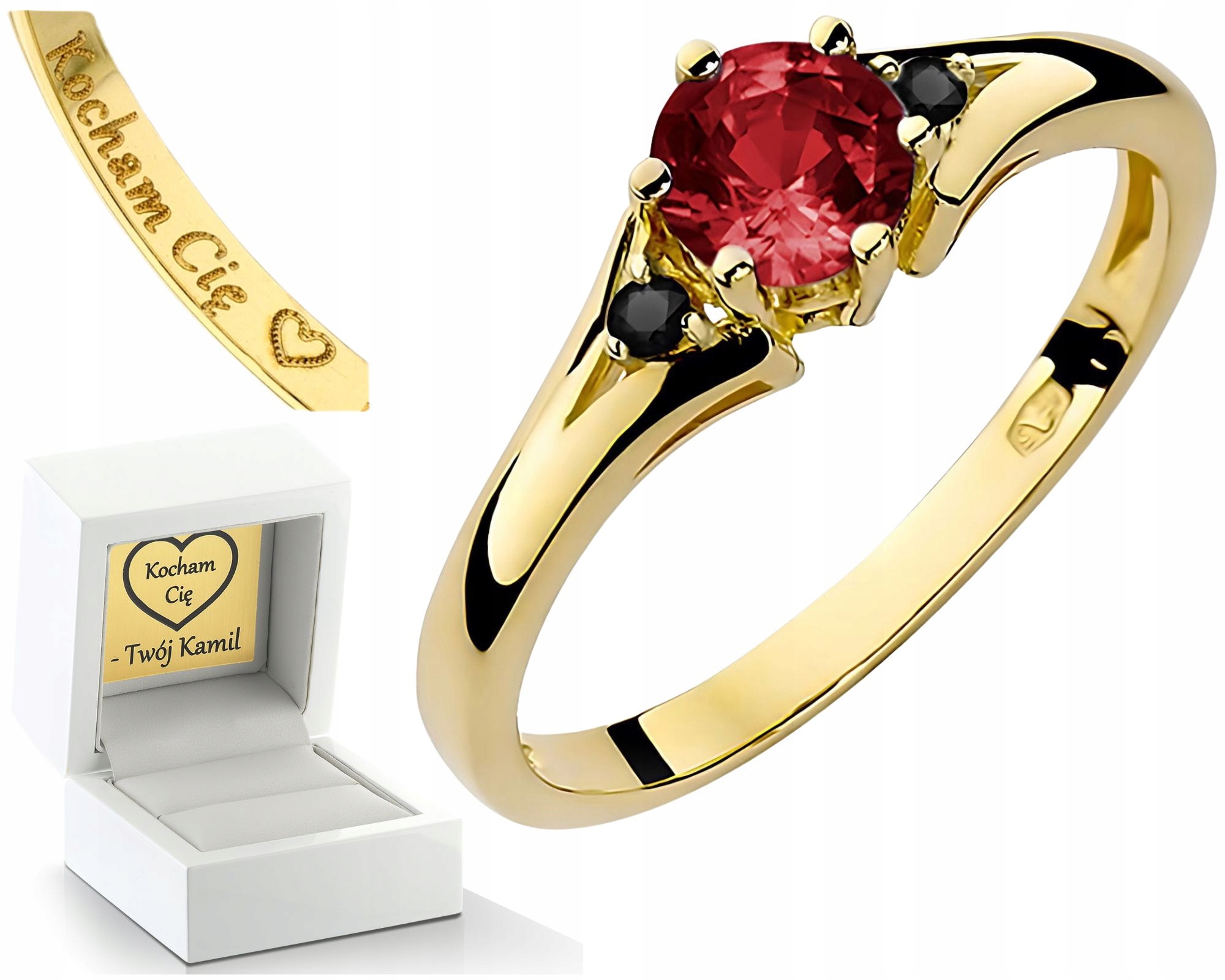 Prstýnek S Granátem A Černými Diamanty 585 14K Zlato Jako Dárek