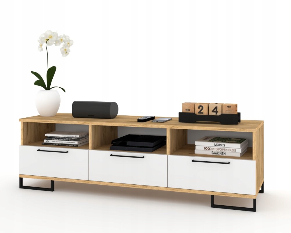 Rtv skříňka Komoda Police do obývacího pokoje Hania Kwadro 150 Dub Craft Bílý Mat