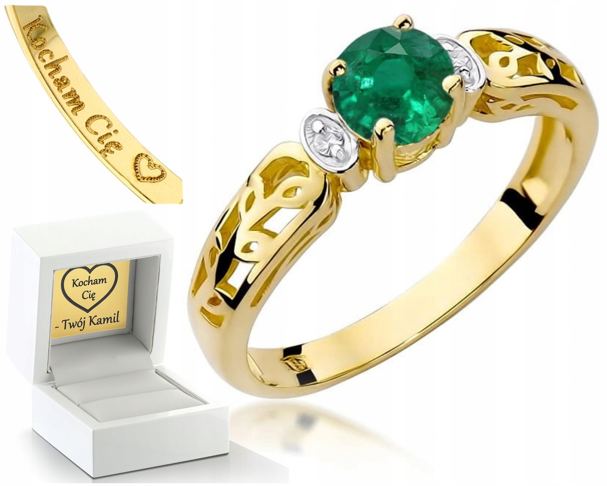 Zlatý Prstýnek Se Smaragdem A Diamanty 585 Dárek Gravírování