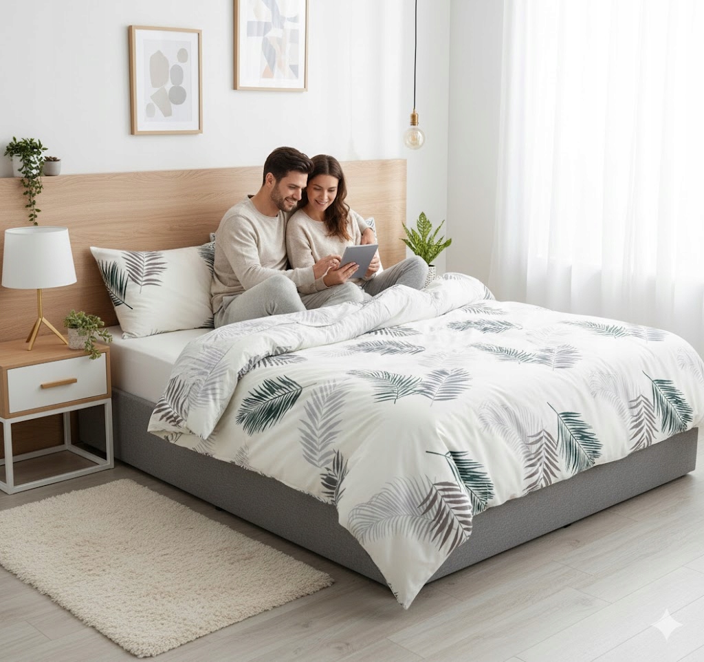3dílná sada povlečení na peřinu s motivem palmových listů, béžová, 100% bavlna, do ložnice 220x200 cm