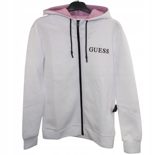 Guess Mikina S Kapucí, Dámské Logo, Bílá, Dlouhý Rukáv, Vlna