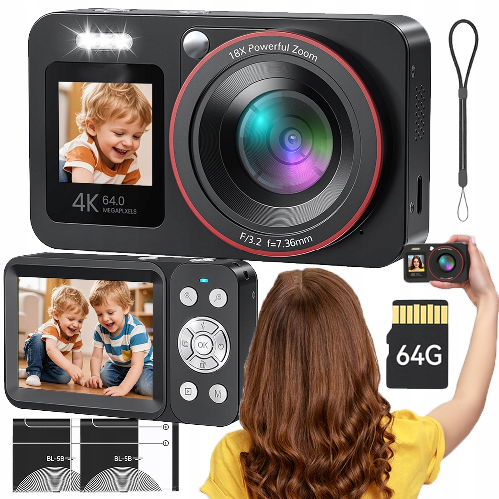 Digitální fotoaparát 2.8" 64MP 4K 18x Zoom Sd karta 64GB 2 baterie 1200 mAh