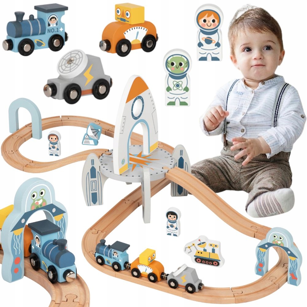 WIELKI ZESTAW DREWNIANY TOR KOLEJKA POCIĄG CIUCHCIA MAGNES KOSMOS TOOKY TOY