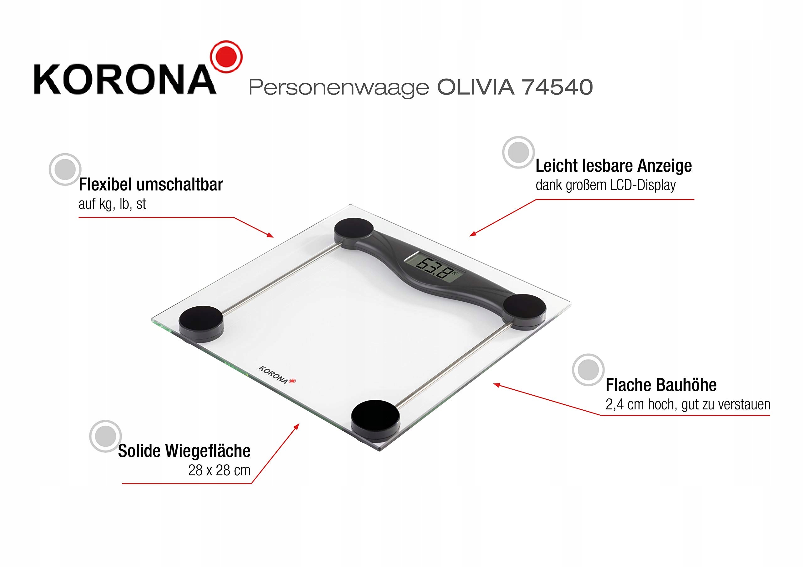 KORONA Waga Łazienkowa OLIVIA 180kg LCD Wyświetlacz Czarna — miniatura 4