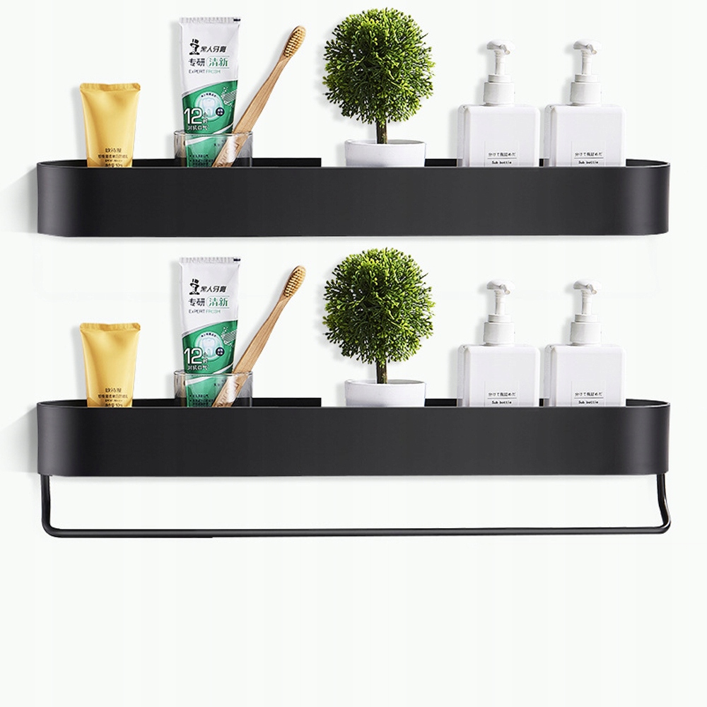 2xPolička pod sprchu 60 cm Černá kovová s lepidlem