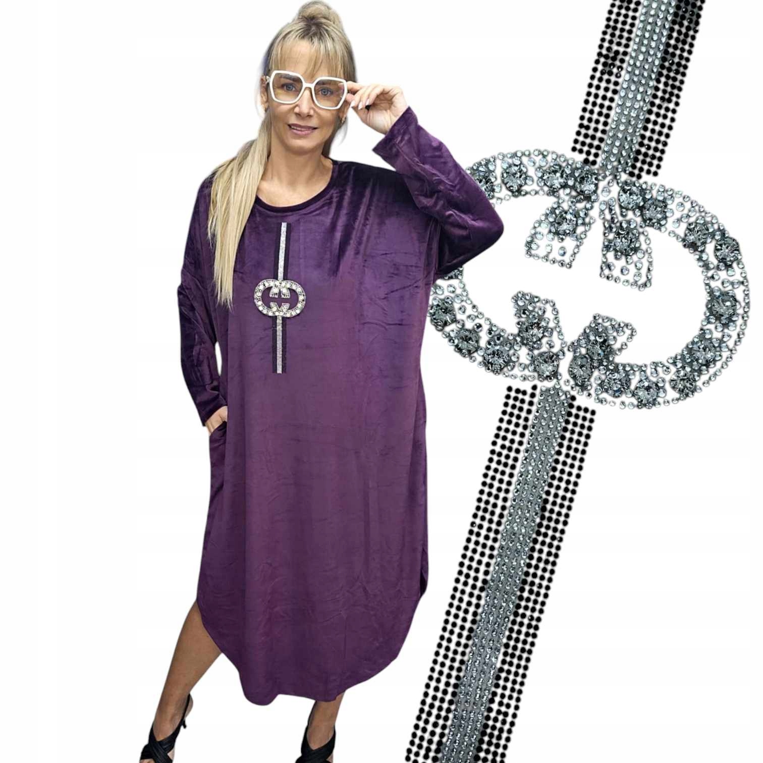 Welurowa Sukienka kieszenie Luźna Bawełna Ciepła Cyrkonie 50 52 5xl 3104