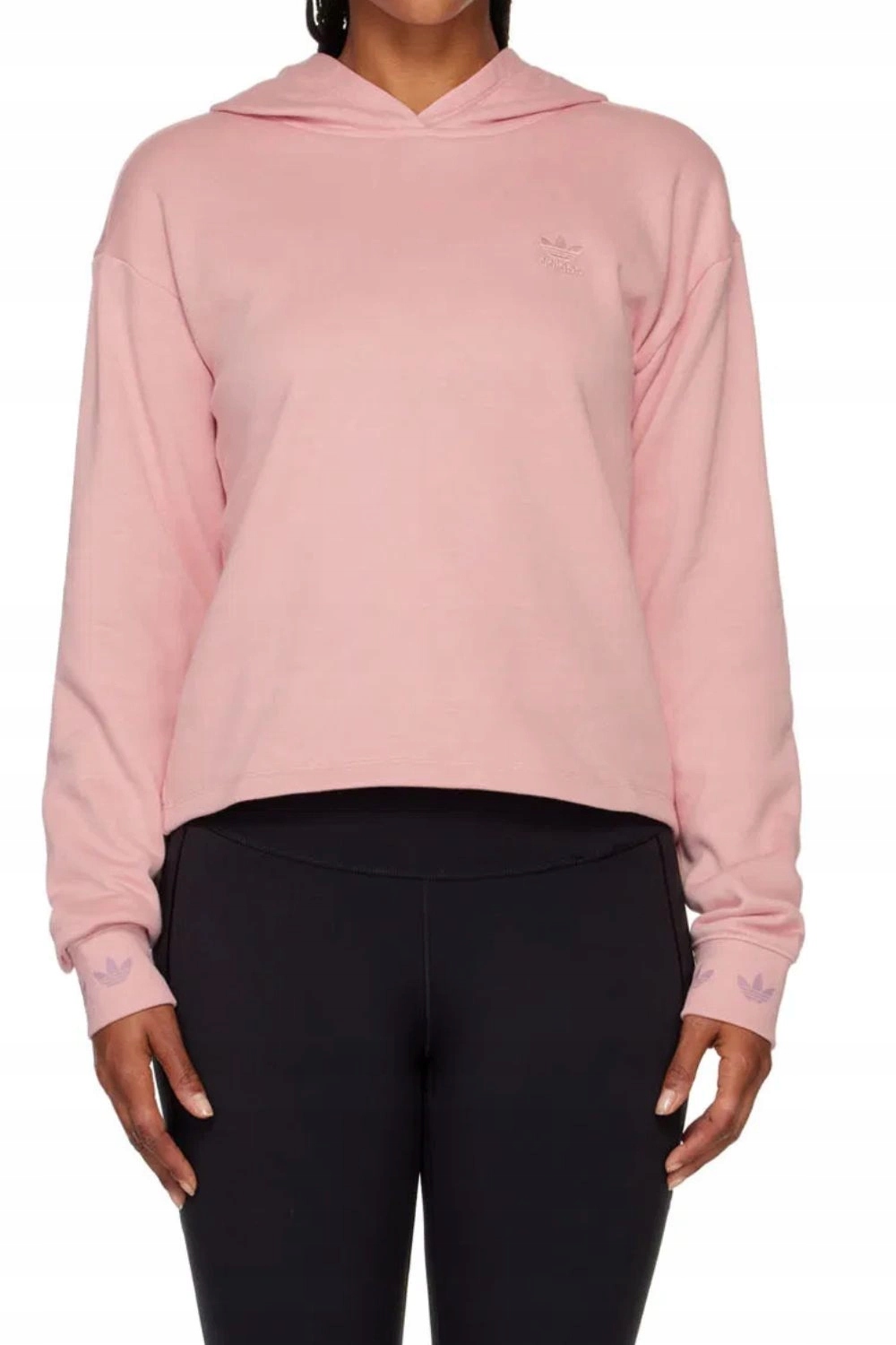 Mikina Adidas Cropped s kapucí, volná růžová, bavlněná tepláková, velikost 36