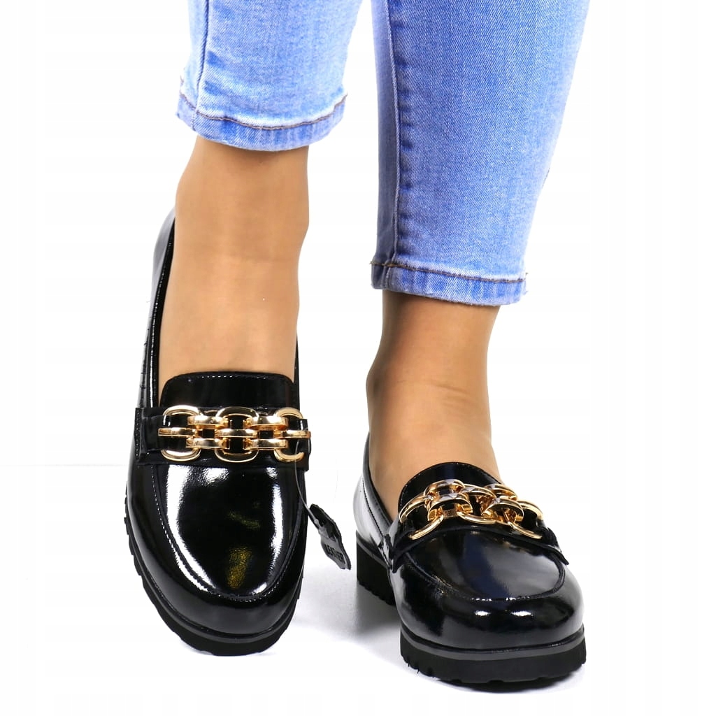 Dámské Mokasíny Z Kůže, Polobotky Se Zlatým Řetízkem, Černé, Pohodlné
