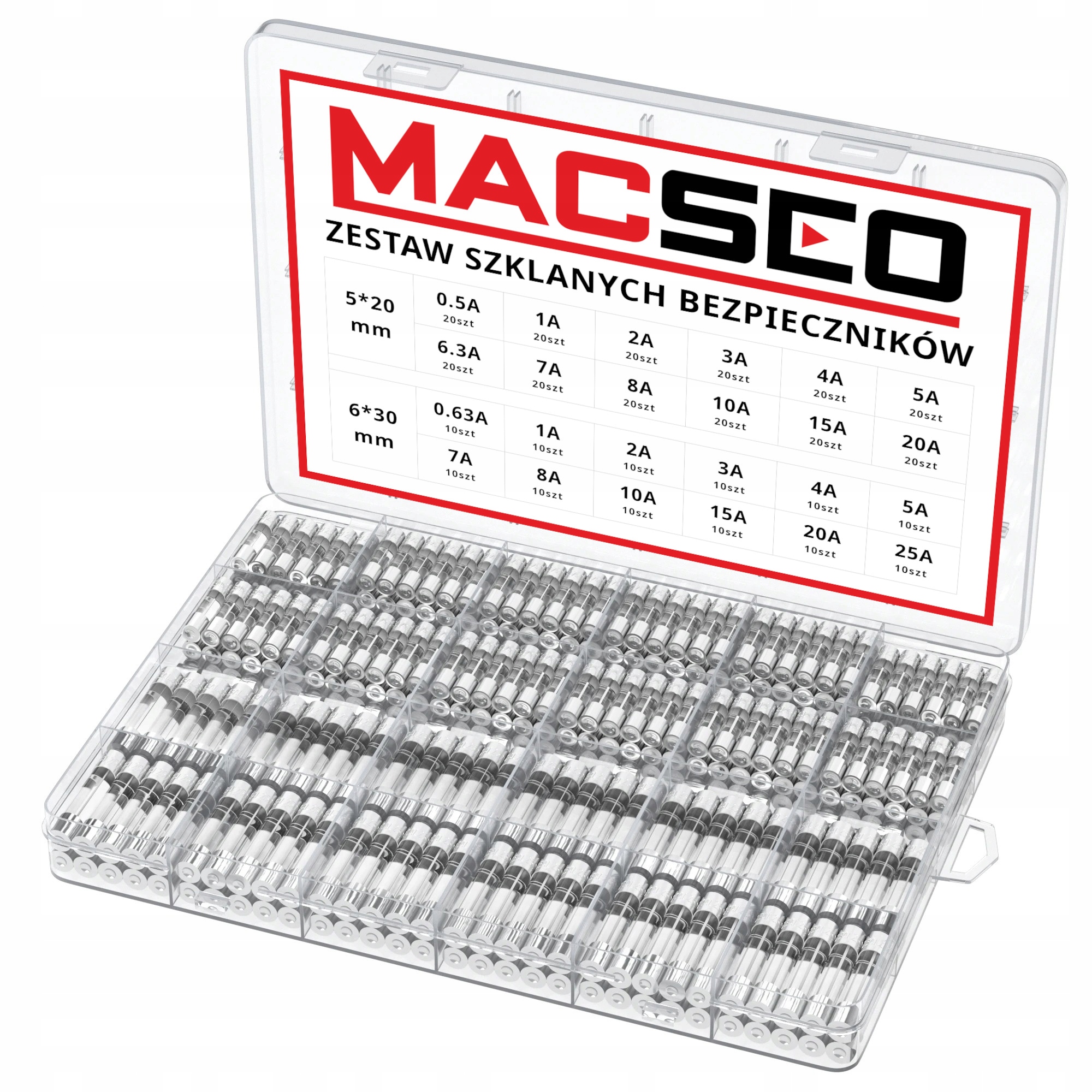 Zestaw Szklanych Bezpieczników 360SZT Macseo_pl Duży Zestaw 24 Rodzaje