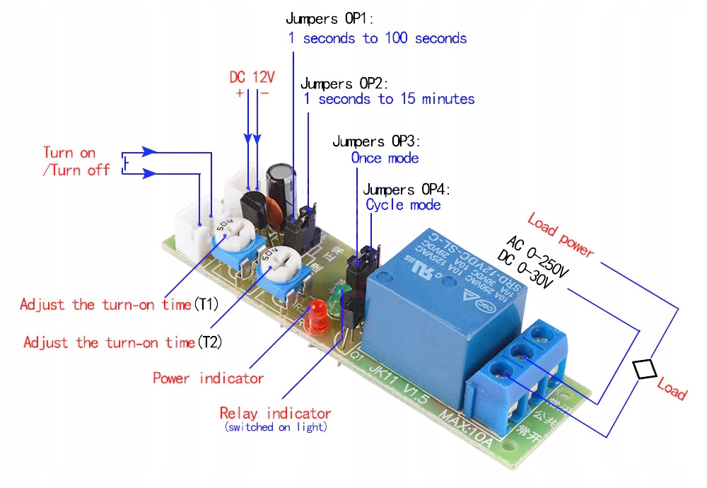 PRZEKAŹNIK 12V UKŁADEM CZASOWYM JK11 1s-100s-15min Kod producenta JK11 V1.8